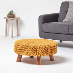 Homescapes Mustard Large Round Cotton Knitted Footstool On Legs - thumbnail 2