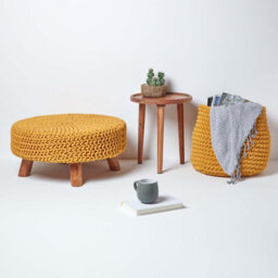 Homescapes Mustard Large Round Cotton Knitted Footstool On Legs - thumbnail 6