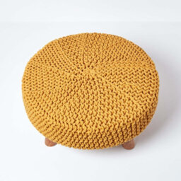 Homescapes Mustard Large Round Cotton Knitted Footstool On Legs - thumbnail 3