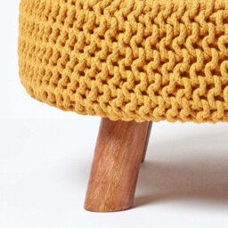 Homescapes Mustard Large Round Cotton Knitted Footstool On Legs - thumbnail 4