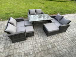 Fimous Wicker Pe Rattan Garden Furniture Sets Outdoor Lounge Sofa Set With Oblong Dining Table Double Seat Sofa 3 Footstools - thumbnail 2
