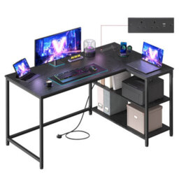 LEDREM L Shaped Corner Desk, Computer Gaming Desk With Storage, Reversible Height-Adjustable Shelves, For Home Office, Ebony Black - thumbnail 2