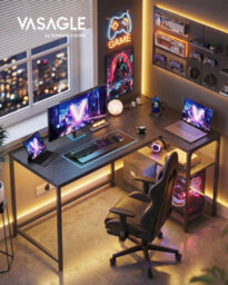 Vasagle L Shaped Corner Desk, Computer Gaming Desk With Storage, Reversible Height-Adjustable Shelves, Ebony Black