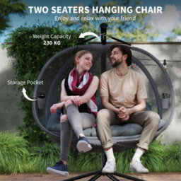 Outsunny Double Hanging Egg Chair 2 Seaters Swing Hammock W/ Cushion, Grey - thumbnail 8
