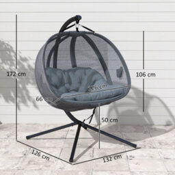 Outsunny Double Hanging Egg Chair 2 Seaters Swing Hammock W/ Cushion, Grey - thumbnail 3