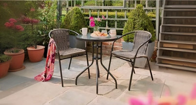 3Pc Bistro Set Of Valencia Armchairs, Outdoor Patio Chairs And Steel Table With Tempered Glass Table Top