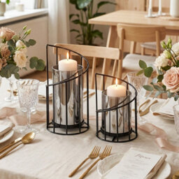 Living And Home Set Of 2 Iron Glass Lantern Candle Holders Black Solid Color Stable Base Wedding Table Decor - thumbnail 2