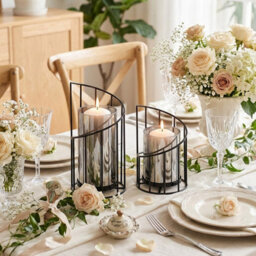Living And Home Set Of 2 Iron Glass Lantern Candle Holders Black Solid Color Stable Base Wedding Table Decor