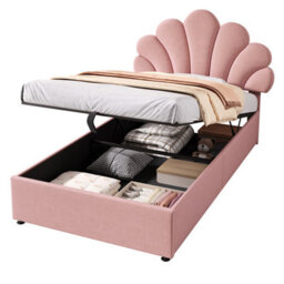 Btm 3Ft Upholstered Hydraulic Bed With Petal Headboard And Storage, Velvet, Pink - thumbnail 8