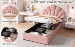 Btm 3Ft Upholstered Hydraulic Bed With Petal Headboard And Storage, Velvet, Pink - thumbnail 9