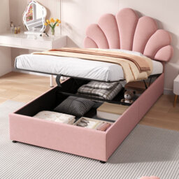 Btm 3Ft Upholstered Hydraulic Bed With Petal Headboard And Storage, Velvet, Pink - thumbnail 1