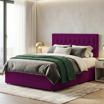 Slumbre Diamond Cut Bumper Plush Velvet Divan Bed, Headboard & Mattress - 4Ft6 Double - Burgundy - 0 Drawers - image 1