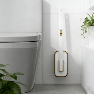 Hygienic Disposable Toilet Brush Set With 32 Refills & Wall Holder, White & Gold - image 1