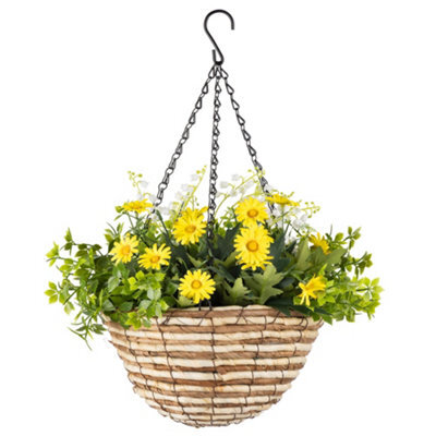 Christow Artificial Daisy Wicker Hanging Basket Uv Resistant Foliage Yellow 25Cm - image 1