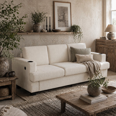 Wyld Haus Suvazi Large 3-Seater Sofa In Cream White Chenille With Integrated Usb-A And Usb-C Ports And Cup Holders - image 1