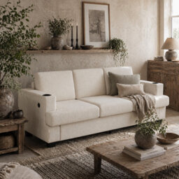 Wyld Haus Suvazi Large 3-Seater Sofa In Cream White Chenille With Integrated Usb-A And Usb-C Ports And Cup Holders - thumbnail 1