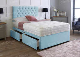 Comfy Deluxe 4Ft Small Double Sky Blue Plush Velvet Pocket Divan Bed & Chesterfield Headboard No Drawers