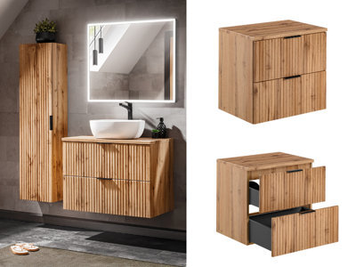 Impact Furniture Bathroom Vanity Unit 600mm Oak Countertop Ribbed Fluted Oak Effect Modern Wall Hung Cabinet Adel - image 1