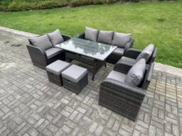 Fimous 9 Seater Rattan Garden Furniture Set Reclining Chair Love Seat 3 Seater Sofa Set Outdoor Rectangular Dining Table Stools - thumbnail 1