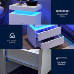 Abrihome Nightstand, Led Bedside Table Cabinet Lights, Modern End Side With 2 Drawers For Bedroom, White - thumbnail 2
