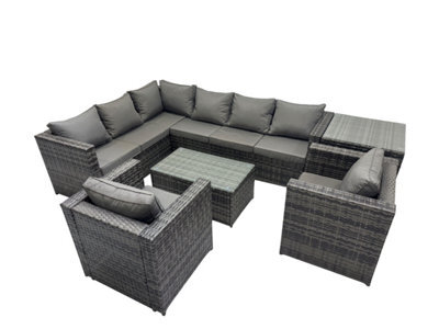 Fimous Outdoor Rattan Rectangular Coffee Table Corner Sofa Sets Garden Furniture Set With Chair Side Table Dark Grey Mixed - image 1