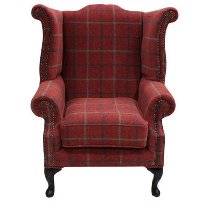 Chesterfield High Back Wing Chair Lana Square Check Terracotta Real Fabric In Queen Anne Style - image 1
