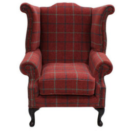 Chesterfield High Back Wing Chair Lana Square Check Terracotta Real Fabric In Queen Anne Style - thumbnail 1