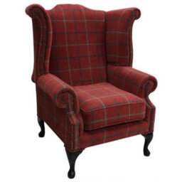 Chesterfield High Back Wing Chair Lana Square Check Terracotta Real Fabric In Queen Anne Style - thumbnail 2