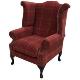 Chesterfield High Back Wing Chair Lana Square Check Terracotta Real Fabric In Queen Anne Style - thumbnail 3