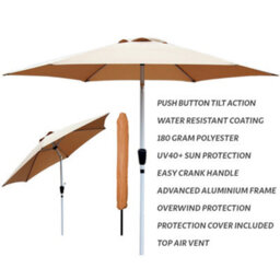 Glamhaus Tilting Garden Parasol Table Umbrella 2.7M With Crank Handle, Uv40 Protection, Includes Protection Cover - Sand - thumbnail 2