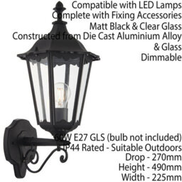 Ip44 Outdoor Wall Light Matt Black & Glass Traditional Lantern Porch Dimmable - thumbnail 2
