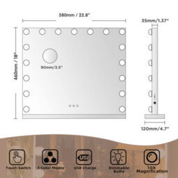 Hollywood Vanity Makeup Mirror, 14 Led Bulbs, 3 Colour Modes, Touch Control, Usb Port, Wall Mounted, 50X40Cm, White - thumbnail 6