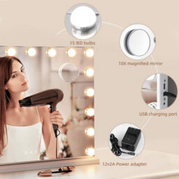 Hollywood Vanity Makeup Mirror, 14 Led Bulbs, 3 Colour Modes, Touch Control, Usb Port, Wall Mounted, 50X40Cm, White - thumbnail 5