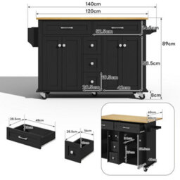 Btm Kitchen Island Cart With Drop Leaf, 5 Drawers, Lockable Wheels, 120X65X89Cm - thumbnail 8