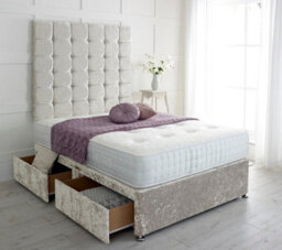 "Adore Designs Cubed Crushed Velvet Divan Bed, With Pocket Mattress & 36"" Headboard - 5Ft Kingsize - Cream - 4 Drawers" - thumbnail 1