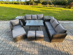 Fimous Wicker 9 Pieces Rattan Garden Furniture Sofa Set With Rectangular Dining Table Armchair 3 Footstools 2 Side Tables - thumbnail 1