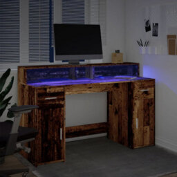 Berkfield Desk With Led Lights Old Wood 140X55X91 Cm Engineered Wood - thumbnail 5