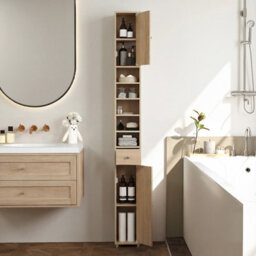 Costway 180 Cm Bathroom Tall Slim Cabinet Freestanding Storage Cabinet W/ Drawer-Natural