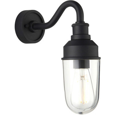 Loops Ip44 Outdoor Wall Light - Textured Black Curved Arm Clear Glass Shade - Garage Porch Lamp - image 1