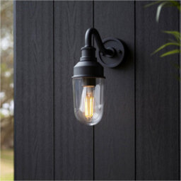 Loops Ip44 Outdoor Wall Light - Textured Black Curved Arm Clear Glass Shade - Garage Porch Lamp - thumbnail 4