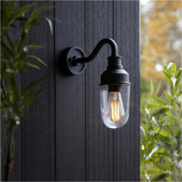 Loops Ip44 Outdoor Wall Light - Textured Black Curved Arm Clear Glass Shade - Garage Porch Lamp - thumbnail 3