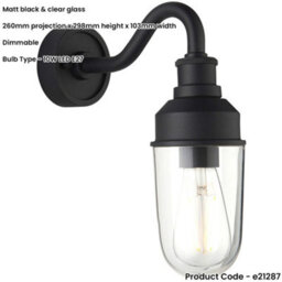 Loops Ip44 Outdoor Wall Light - Textured Black Curved Arm Clear Glass Shade - Garage Porch Lamp - thumbnail 2