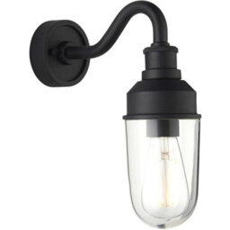 Loops Ip44 Outdoor Wall Light - Textured Black Curved Arm Clear Glass Shade - Garage Porch Lamp