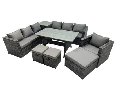Fimous 10 Seater Outdoor Corner Sofa Chair Dining Table Set Garden Rattan Furniture Set With Side Table 3 Stools Dark Grey - image 1