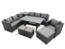 Fimous 10 Seater Outdoor Corner Sofa Chair Dining Table Set Garden Rattan Furniture Set With Side Table 3 Stools Dark Grey - thumbnail 1