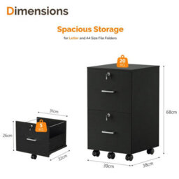 Wooden File Cabinet For A4 & Letter,2 Drawers Rolling File Organiser Black - thumbnail 2