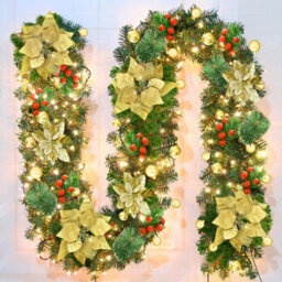 Amorly 9Ft Pre Lit Christmas Garland, Green Artificial Rattan With Gold Flower Decor, Battery Operated Led Lights For Xmas Stair Decor - thumbnail 1