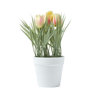Homescapes Artificial Pink & Cream Handcrafted Tulips In White Decorative Pot, 22 Cm - image 1
