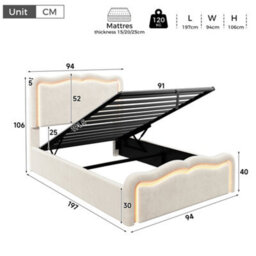 Matteo 3Ft Single Ottoman Bed Frame With Led Lights & Hydraulic Storage - Cream White Velvet - thumbnail 7