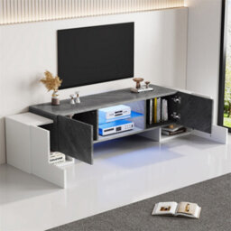 Abrihome Modern Media Unit With Led Lighting, 4 Doors & 2 Open Shelves, 180X40X46.5Cm, White & Grey - thumbnail 6